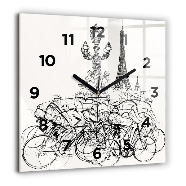 Square glass wall clock Cycling race drawing