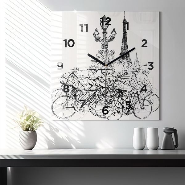 Square glass wall clock Cycling race drawing