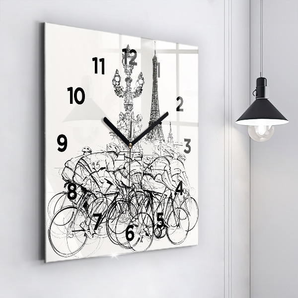 Square glass wall clock Cycling race drawing