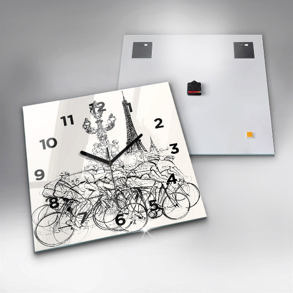Square glass wall clock Cycling race drawing