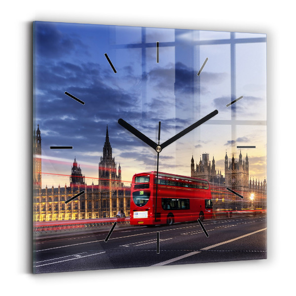 Square glass wall clock Red London Bus