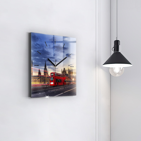 Square glass wall clock Red London Bus