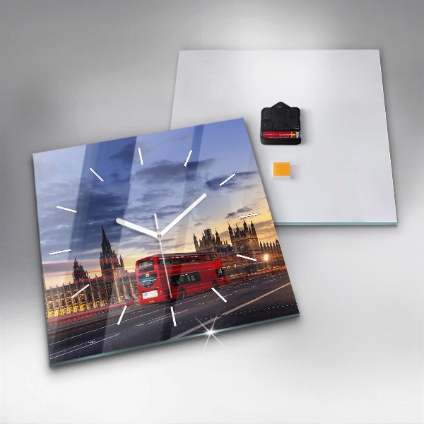 Square glass wall clock Red London Bus