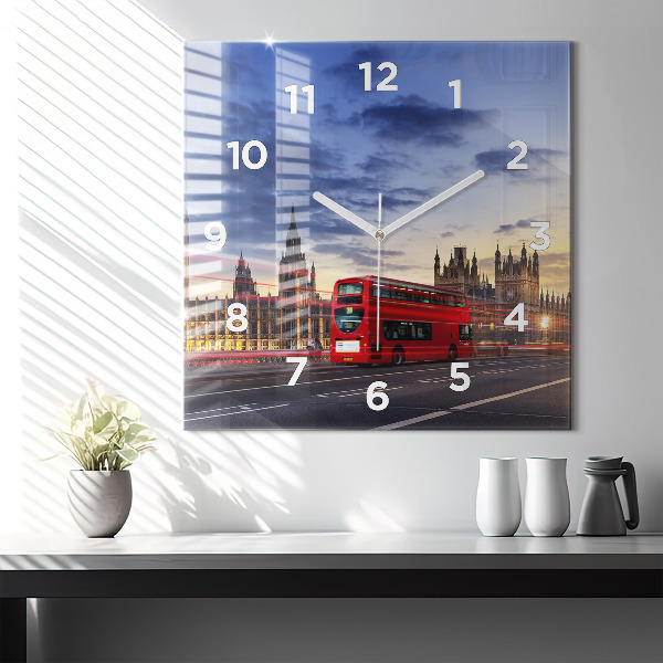 Square glass wall clock Red London Bus
