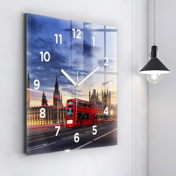 Square glass wall clock Red London Bus
