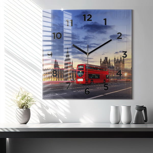 Square glass wall clock Red London Bus