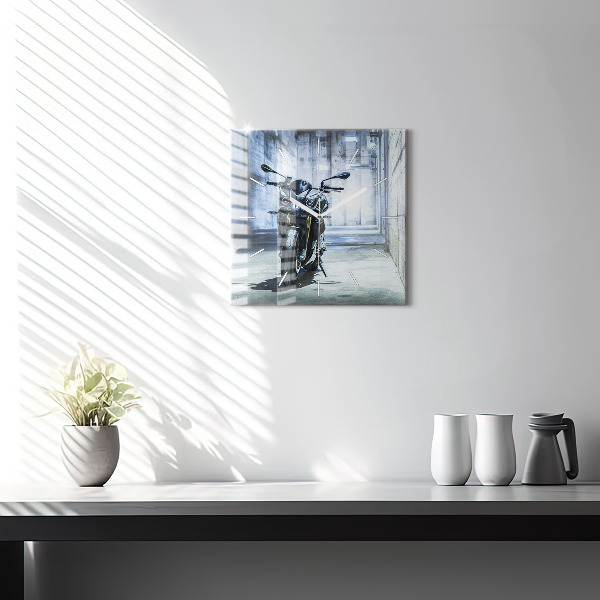 Square glass wall clock Motorcycle in the alley