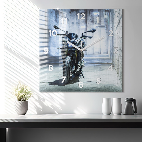 Square glass wall clock Motorcycle in the alley