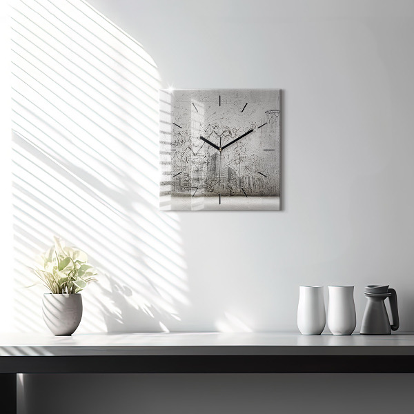 Square glass wall clock Sketch of the City