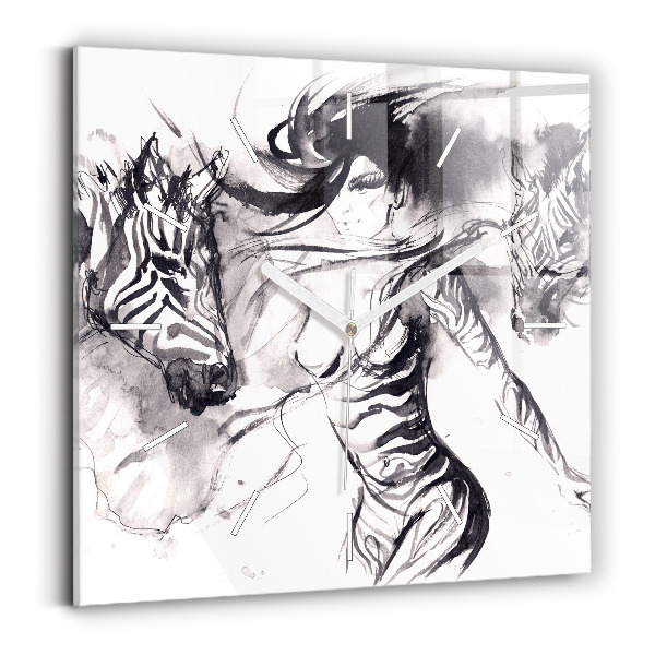 Square glass wall clock Woman and zebras