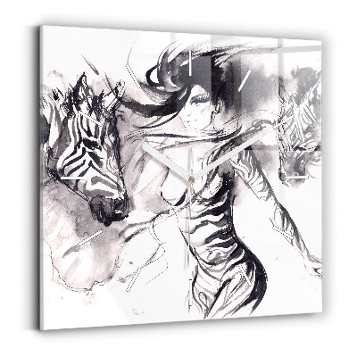 Square glass wall clock Woman and zebras