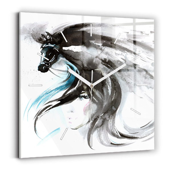 Square glass wall clock Abstract horse and woman