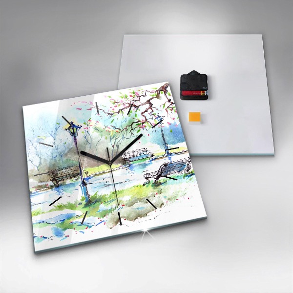 Square glass wall clock Picturesque spring