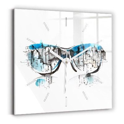 Square glass wall clock City in glasses