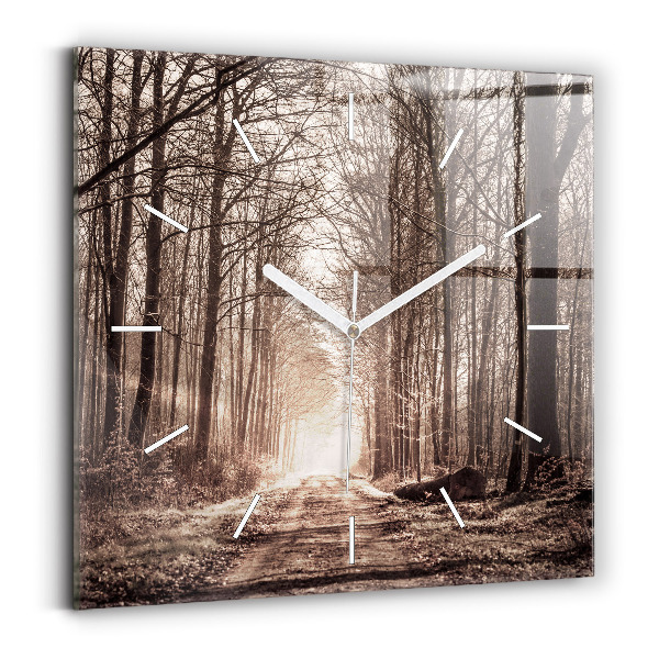 Square glass wall clock Forest path in sepia