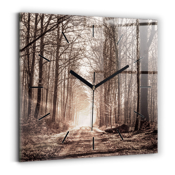 Square glass wall clock Forest path in sepia