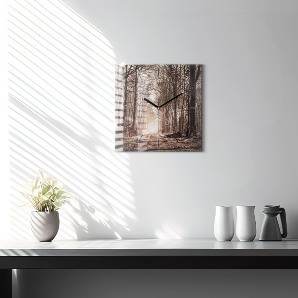 Square glass wall clock Forest path in sepia
