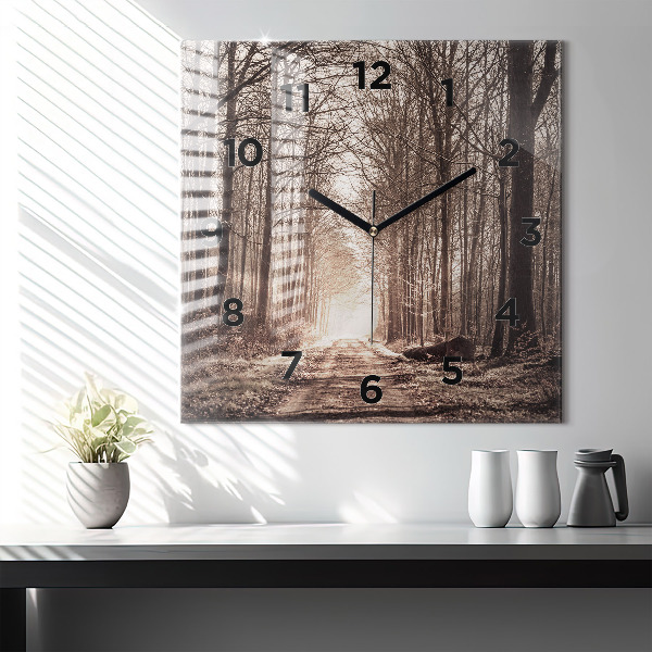 Square glass wall clock Forest path in sepia