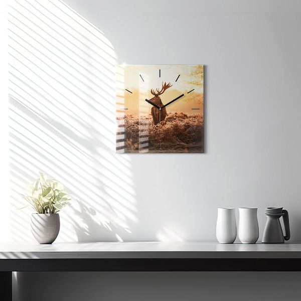 Square glass wall clock Deer at sunrise