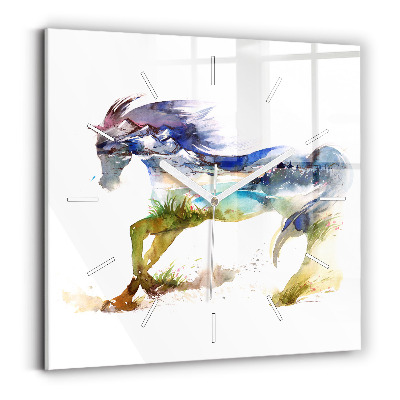 Square glass wall clock Painted Mountains and Horse