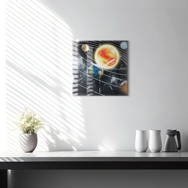 Square glass wall clock The solar system