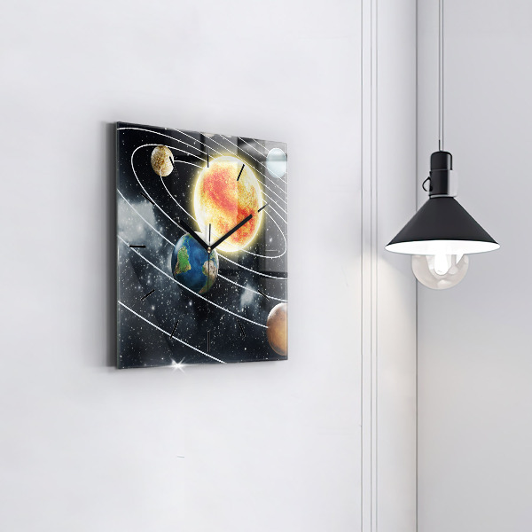 Square glass wall clock The solar system