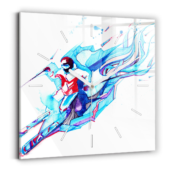 Square glass wall clock Skier
