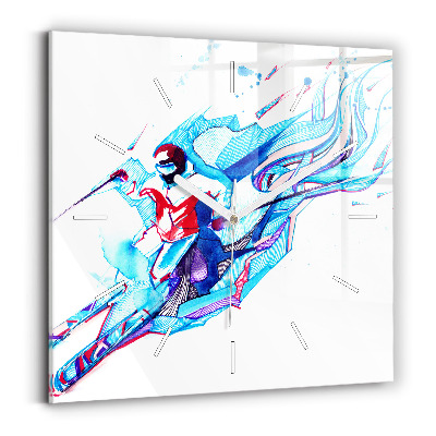 Square glass wall clock Skier