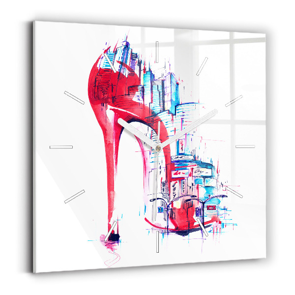 Square glass wall clock Red heel