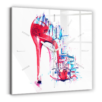 Square glass wall clock Red heel