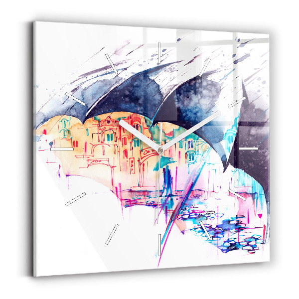 Square glass wall clock Rain umbrella and city