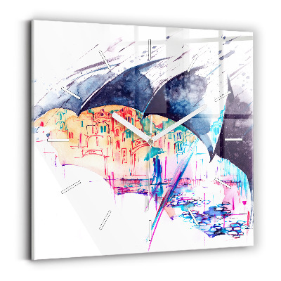 Square glass wall clock Rain umbrella and city