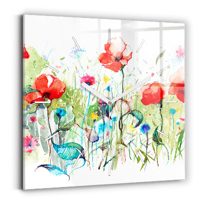 Square glass wall clock Flowers in the meadow