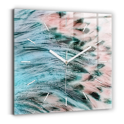 Square glass wall clock Colorful feathers