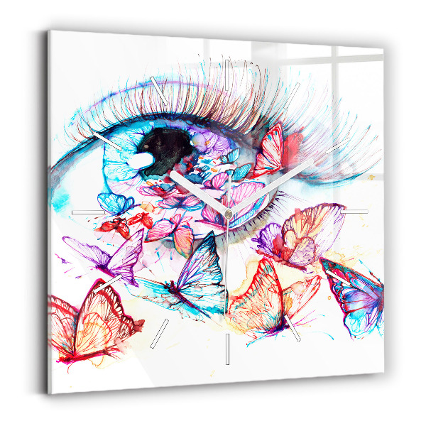 Square glass wall clock Colorful butterfly eye
