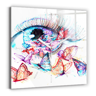 Square glass wall clock Colorful butterfly eye