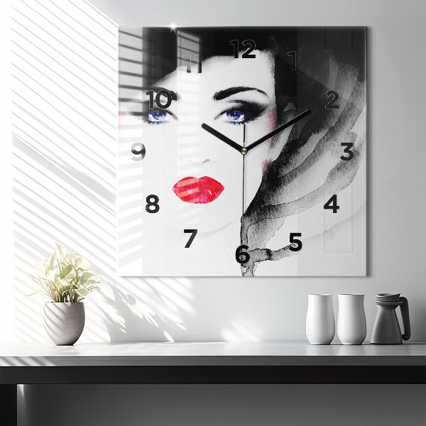 Square glass wall clock Portrait of a woman