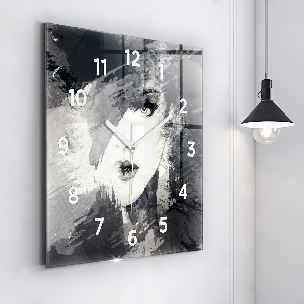 Square glass wall clock Woman - watercolors