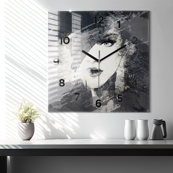 Square glass wall clock Woman - watercolors