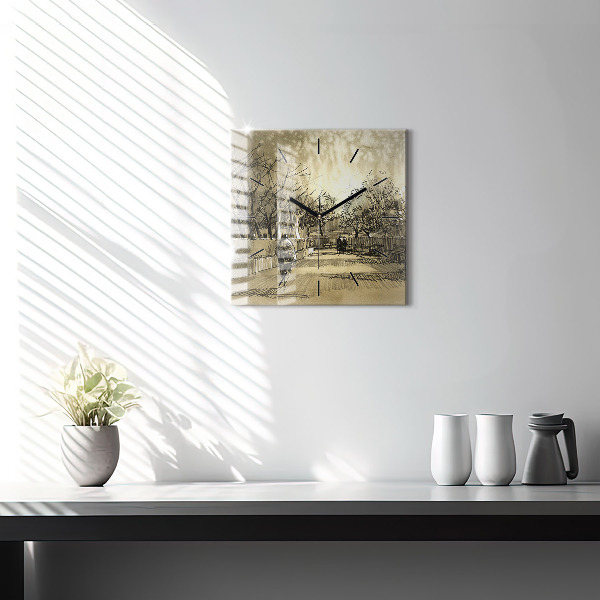 Square glass wall clock Park and trees in sepia