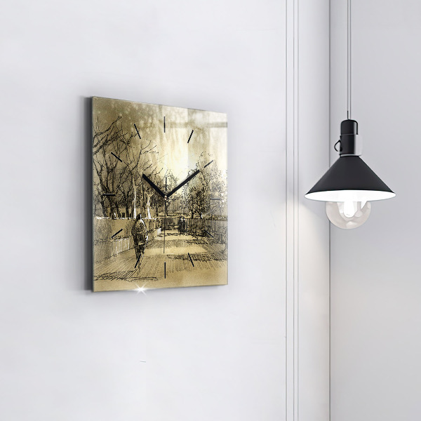 Square glass wall clock Park and trees in sepia