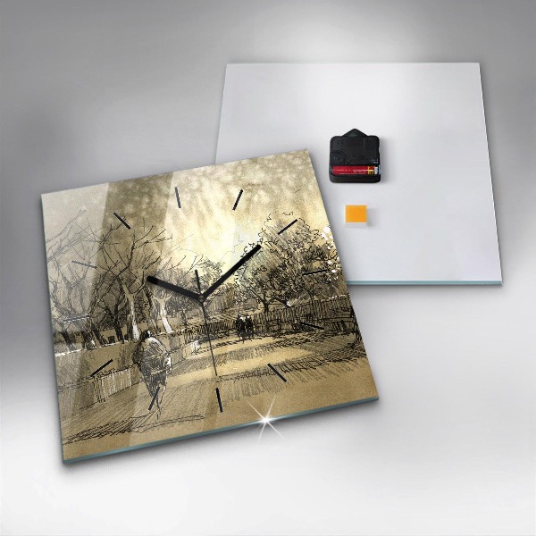 Square glass wall clock Park and trees in sepia
