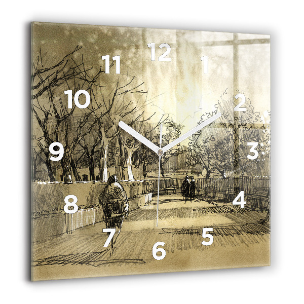 Square glass wall clock Park and trees in sepia