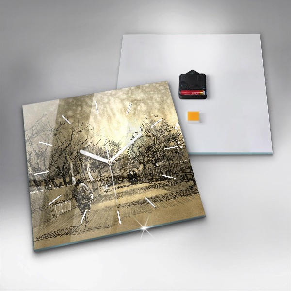 Square glass wall clock Park and trees in sepia