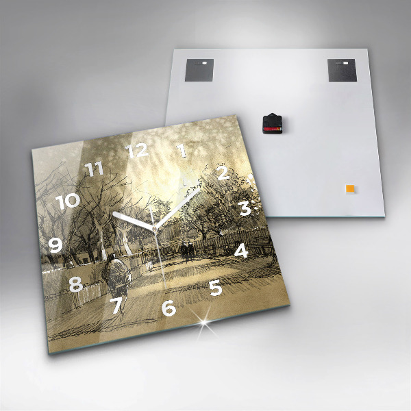 Square glass wall clock Park and trees in sepia