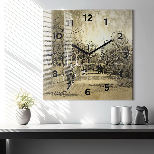 Square glass wall clock Park and trees in sepia