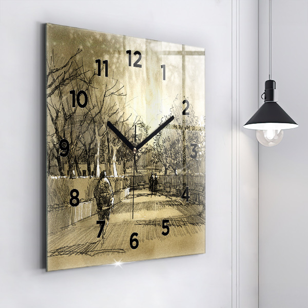 Square glass wall clock Park and trees in sepia