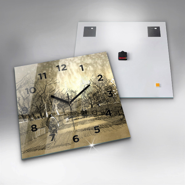 Square glass wall clock Park and trees in sepia
