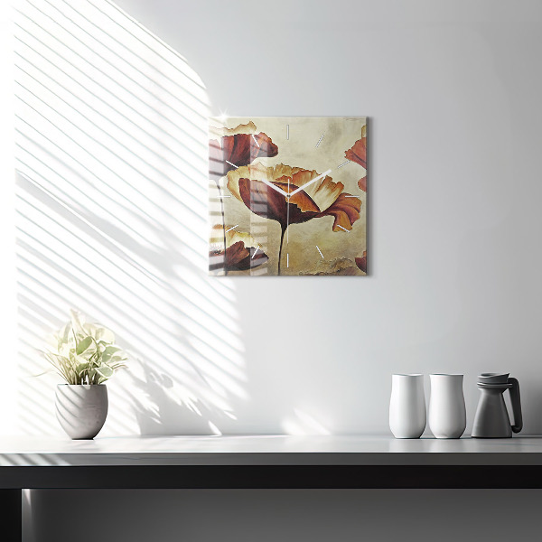 Square glass wall clock Painted poppies