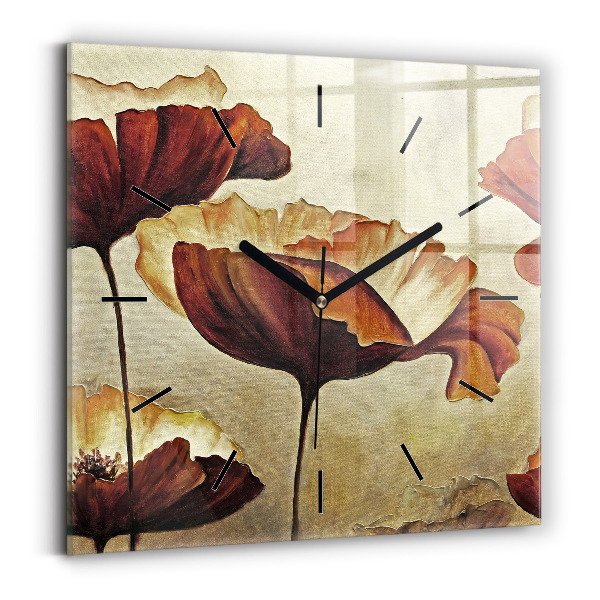 Square glass wall clock Painted poppies
